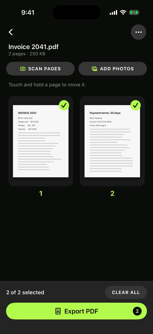 A scanned invoice open as a document: two pages, both ticked, with Scan pages and Add photos above and a lime Export PDF button below.