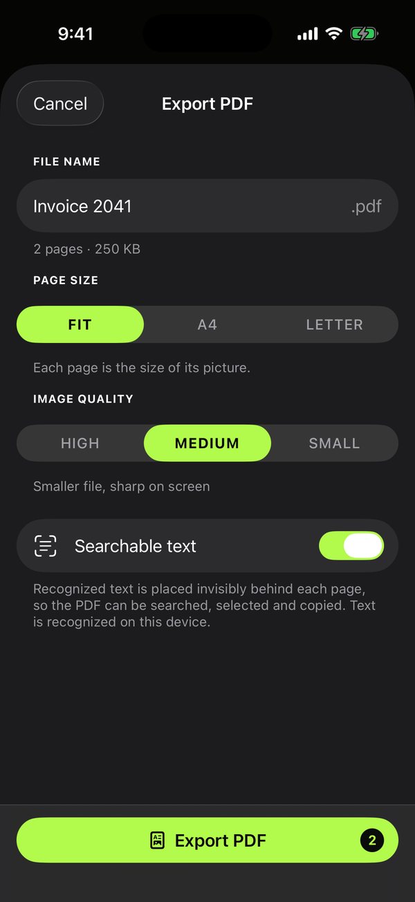 Export PDF: file name, page count and size, page size Fit, A4 or Letter, image quality, and Searchable text switched on.